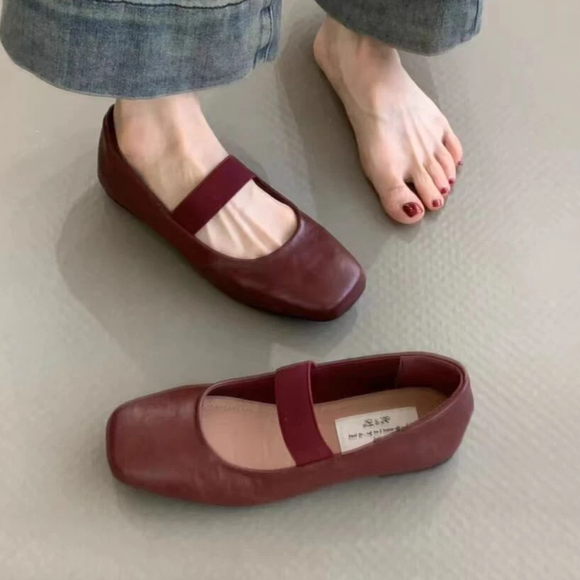 法式复古玛丽珍鞋女2024新款平底单鞋女红色皮鞋芭蕾舞奶奶瓢鞋女
