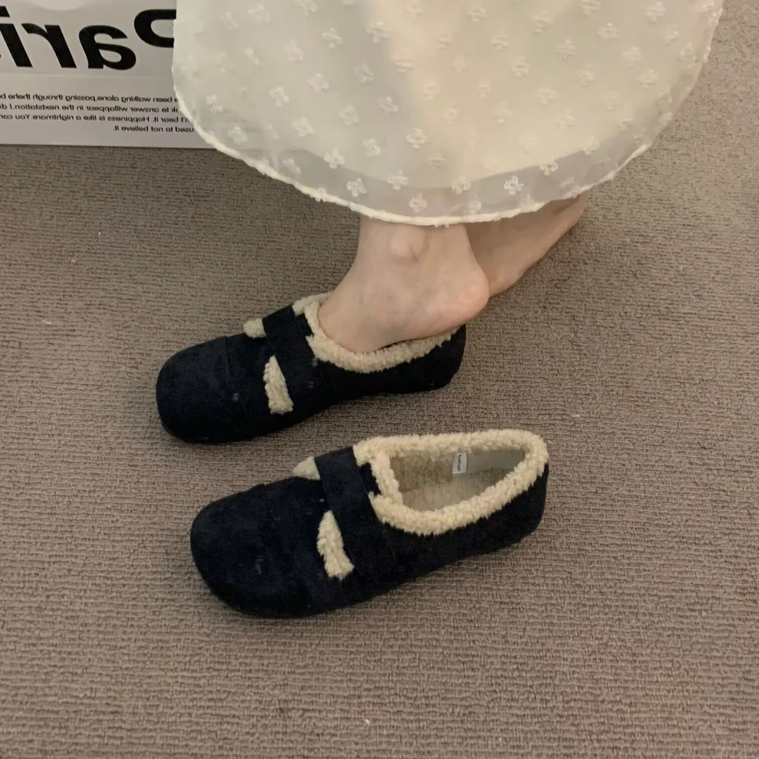 法式复古加绒勃肯鞋女单鞋2024新款毛绒绒软底豆豆鞋温柔乐福棉鞋