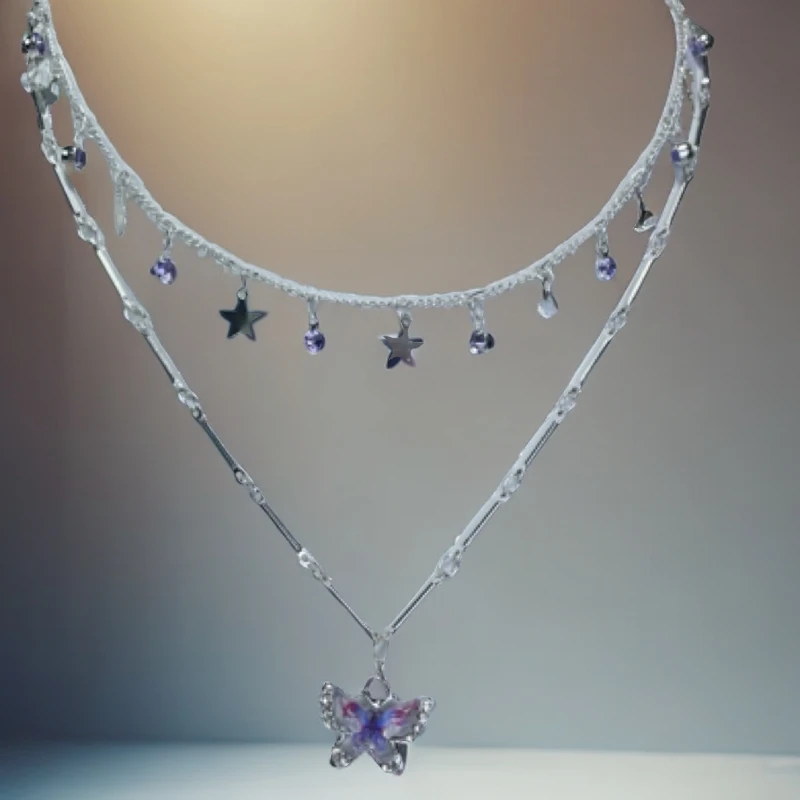 合金玻璃项链 原创设计紫色星星彩色蝴蝶项链轻奢锁骨链