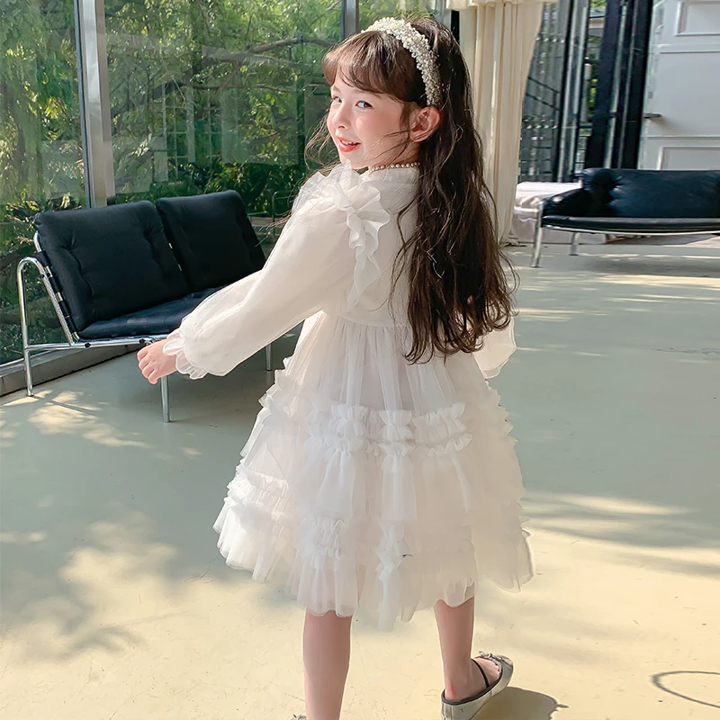 女童春秋白色蕾丝长袖裙宝宝新款洋气时尚甜美时髦连衣裙66027