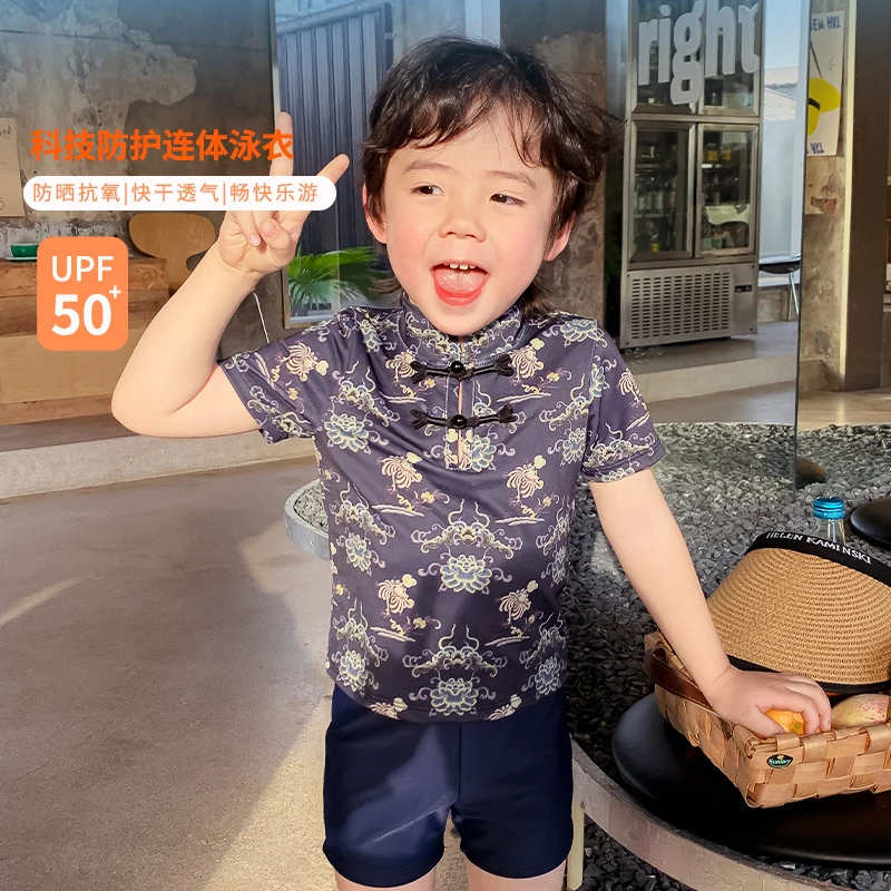 水手宝宝夏季洋气款透气复古泳装快干新中式盘扣款男宝宝泳装3601