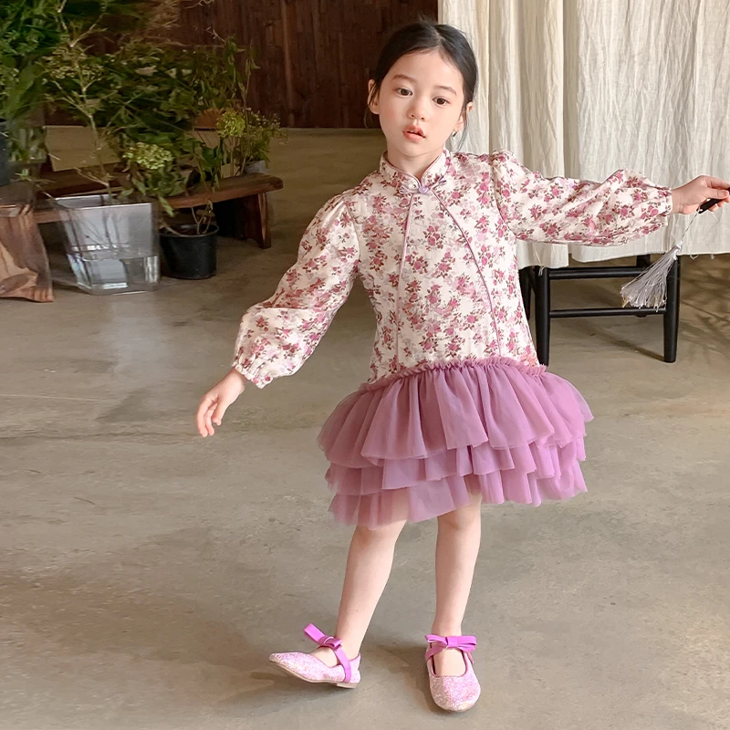 尤画碎花春秋款女童长袖甜美时髦连衣裙春夏沙滩裙子森系66052