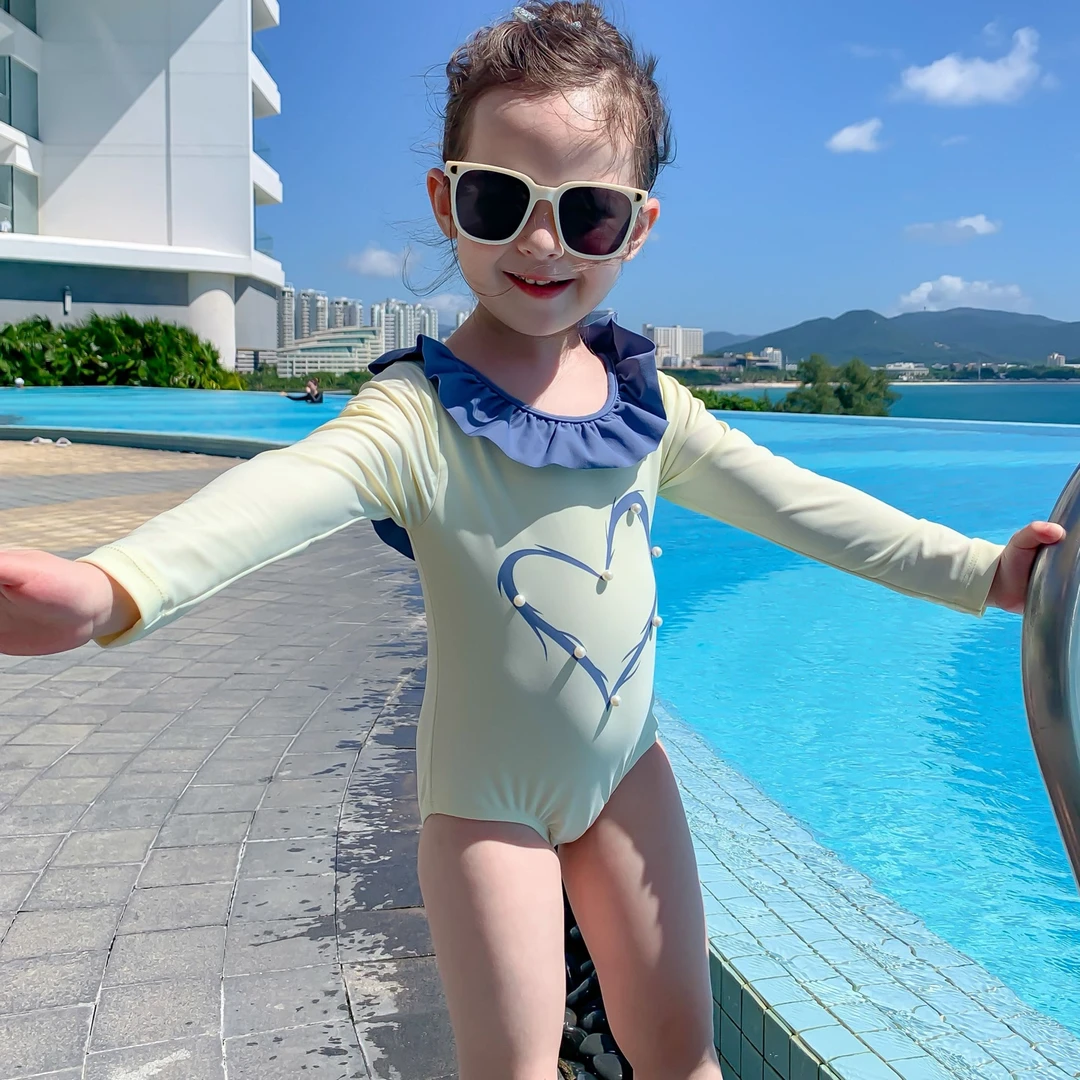 水手宝宝女童公主长袖泳装温泉夏季户外洋气珍珠爱心泳衣3003时尚