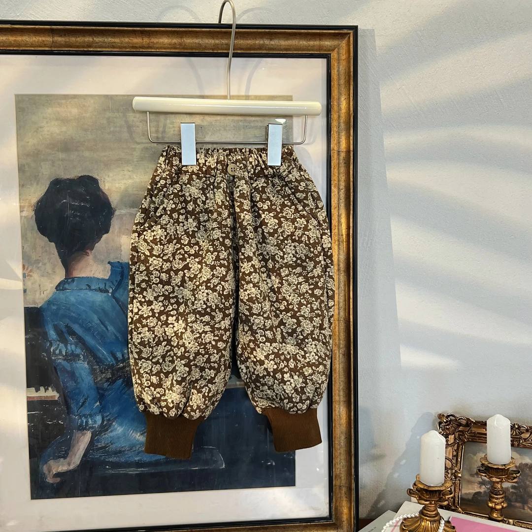 尤画女宝冬款印花碎花款保暖裤加绒休闲裤满印花色设计长裤65283