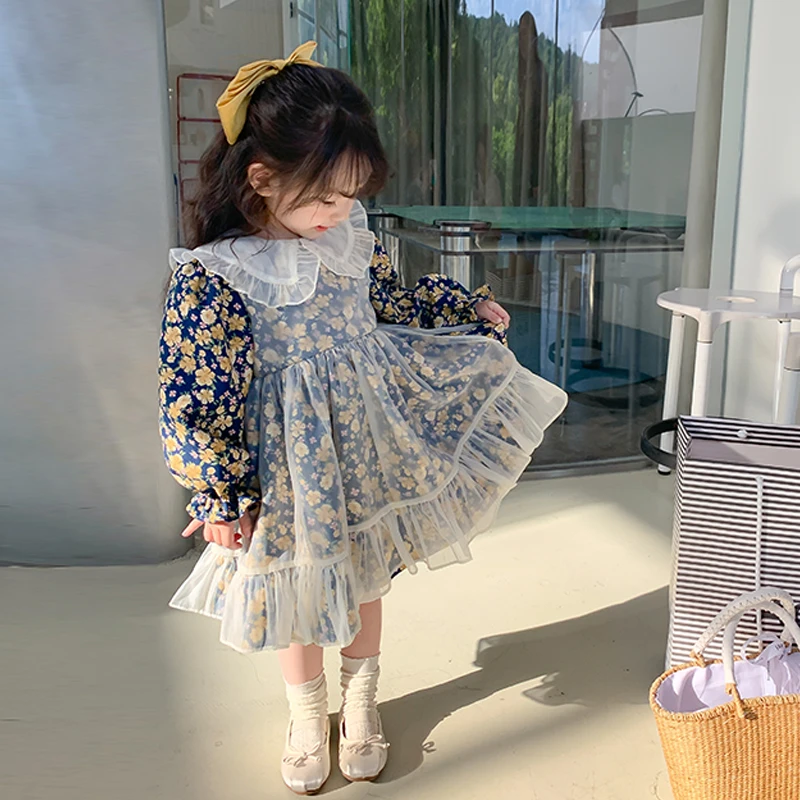 BBT秋季女童小女孩洋气长袖碎花娃娃领连衣裙春秋长裙公主裙 2236