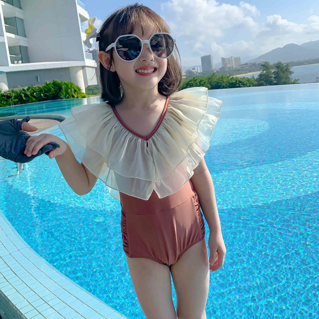 水手宝宝女童夏季连体泳装时尚百搭款软纱搭肩领泳衣3019