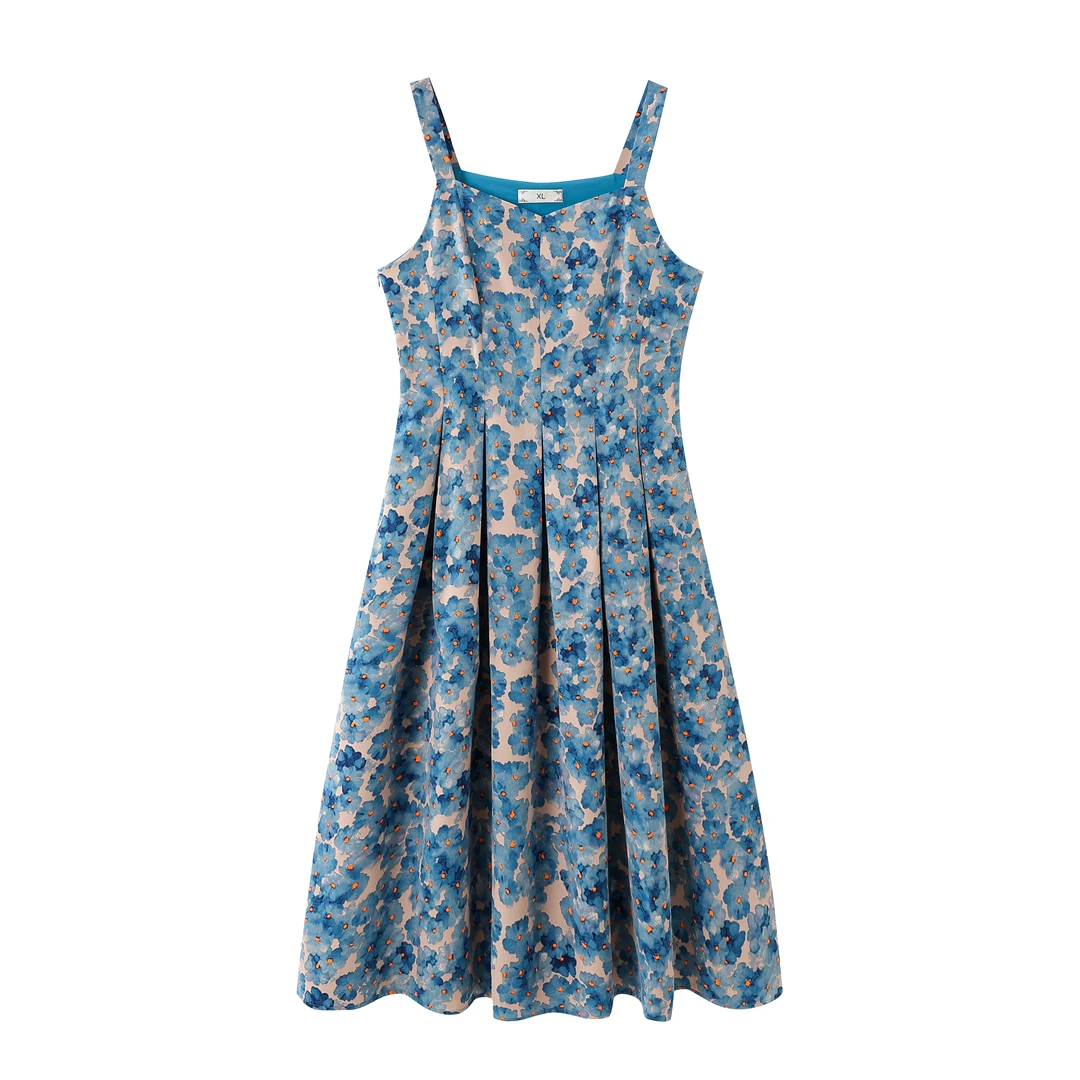 【胖菲】大码女装胖mm秋季新款蓝色碎花吊带显瘦宽松时尚a字连衣裙