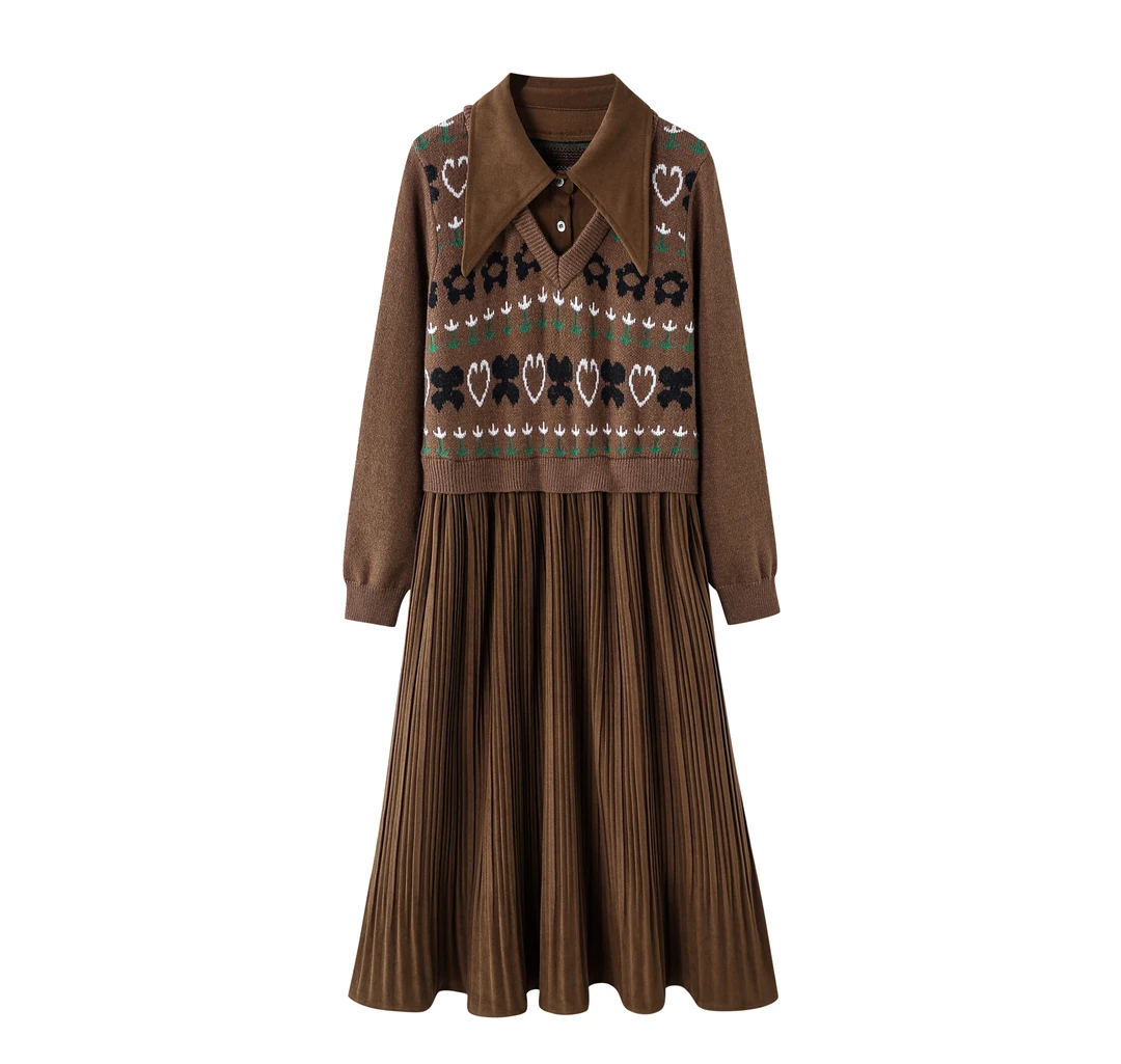 【胖菲】大码女装胖mm秋冬碎花拼接a字时尚简约假两件美拉德中长裙