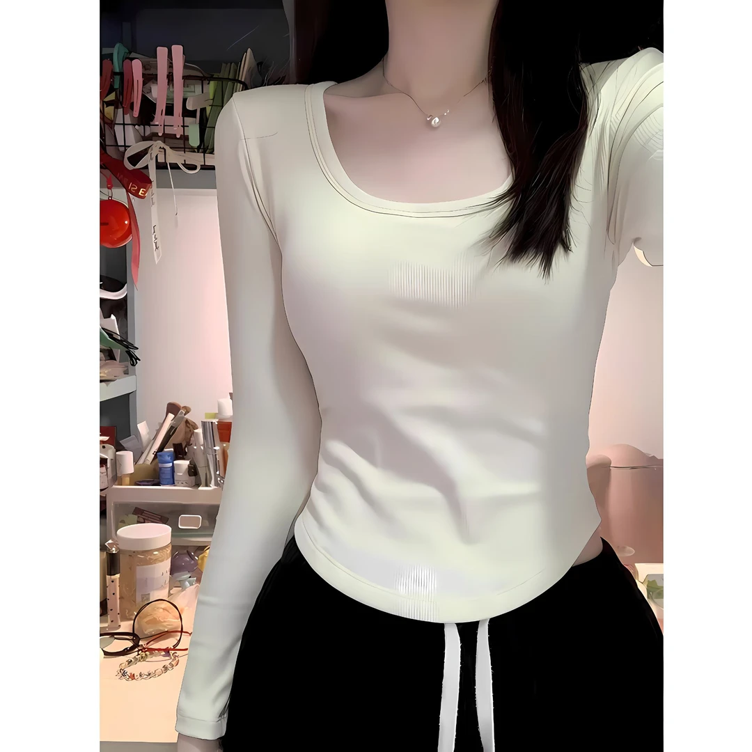 德绒杏色方领长袖T恤女辣妹修身显瘦短款上衣秋冬内搭短款打底衫