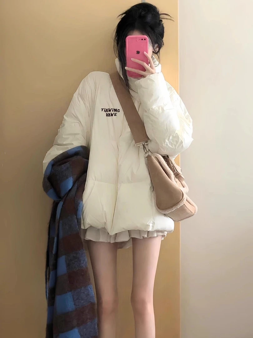 白色棉服立领冬季2024宽松新款印花学生棉衣外套加厚百搭面包服女