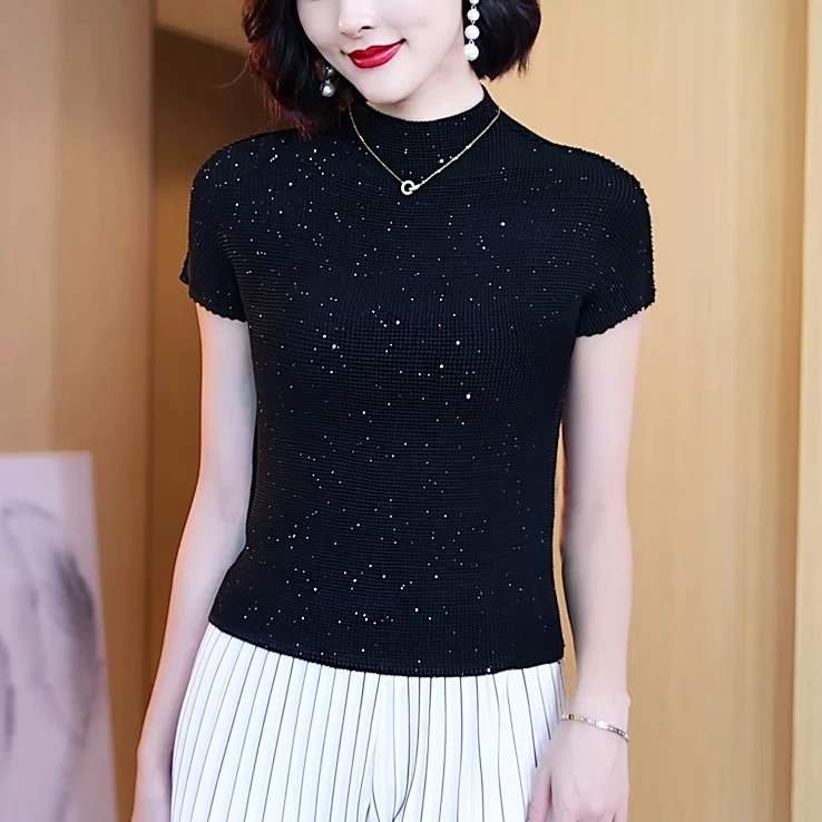时尚气质玉米粒女人味亮片上衣夏装女2025年宽松显瘦T恤女DCT1323
