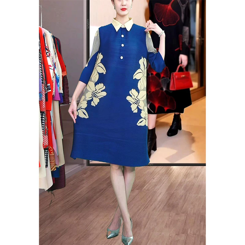 时尚印花褶皱2025年春装新款气质大码遮肉洋气减龄连衣裙DCA1556