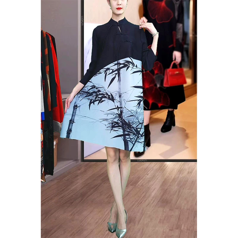时尚印花褶皱2025年春装新款大码遮肉洋气减龄连衣裙DCA1529