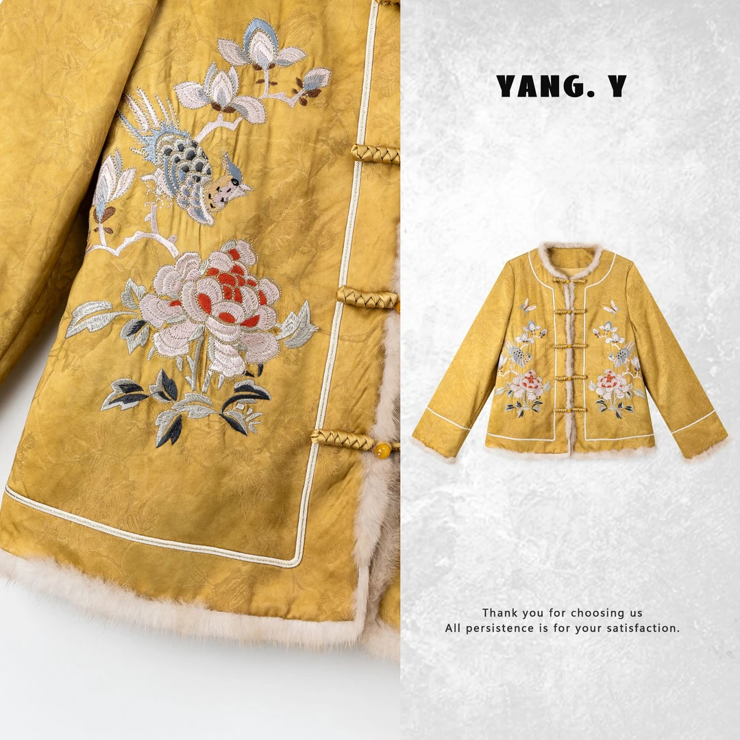 YANG.Y- 【鸢语】深圳原创中式国风女装桑蚕丝水貂毛夹棉外套90959