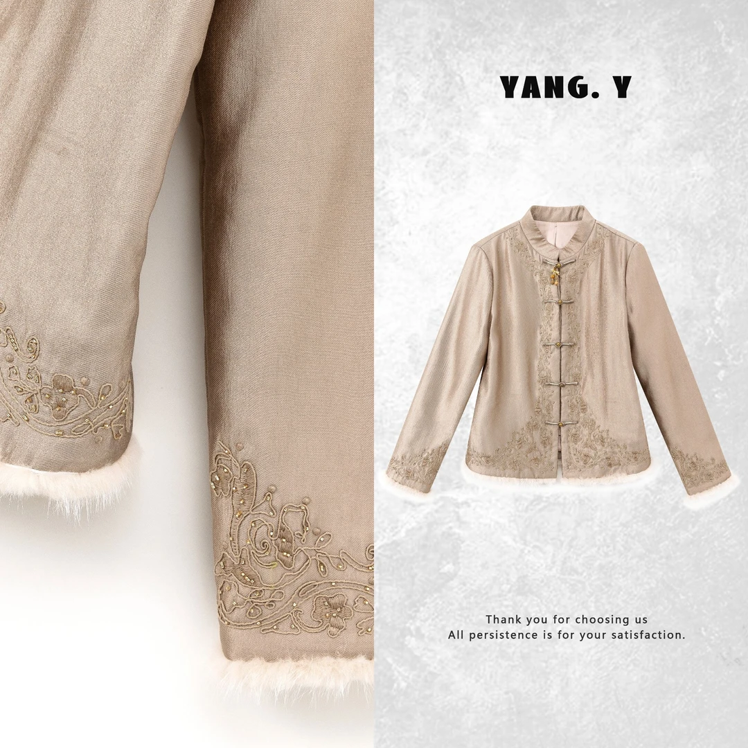 YANG.Y【温茶渡舟】深圳原创中式国风女桑蚕丝水貂毛夹棉外套90552