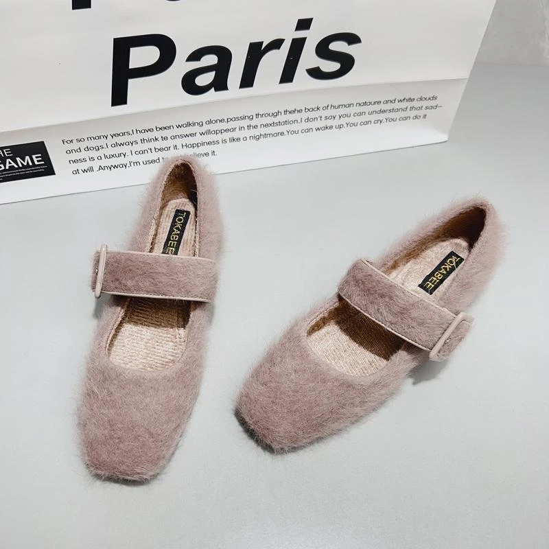 温柔仙女外穿秋冬毛毛鞋加绒低跟鞋气质玛丽珍鞋韩版保暖法式单鞋