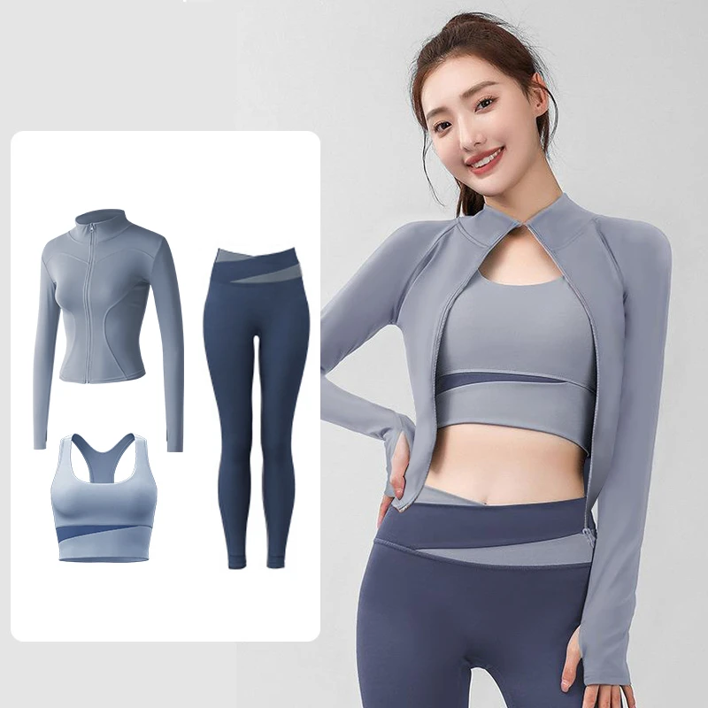 三件套蜜桃拼色瑜伽亲肤裸感无缝运动健身服显瘦长袖紧身外穿修身