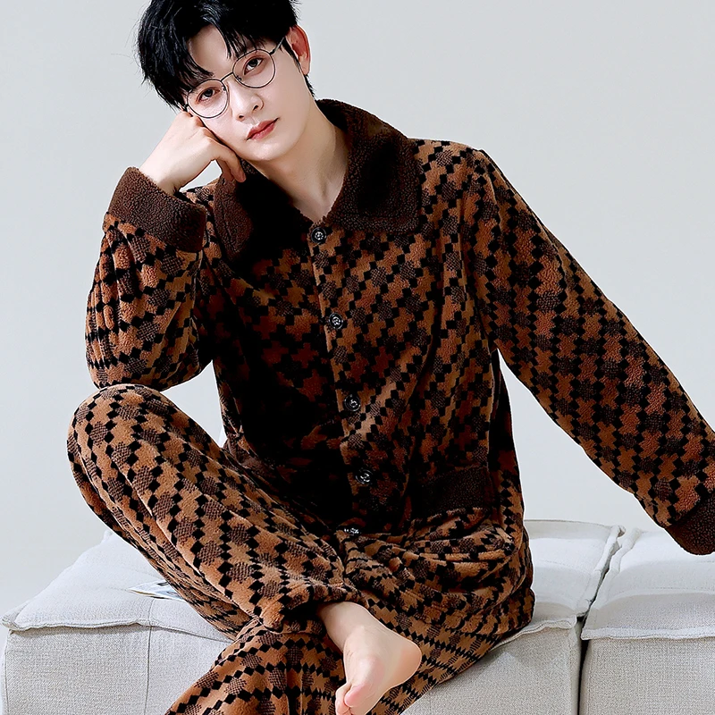 睡衣男秋冬季加厚珊瑚绒套装可外穿家居服保暖长袖春秋大码法兰绒