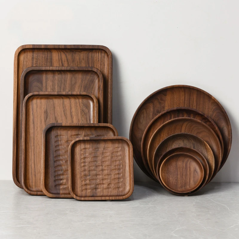 日式整木点心盘 黑胡桃木碟 寿司盘 圆形迷你水果盘 长方形果托盘