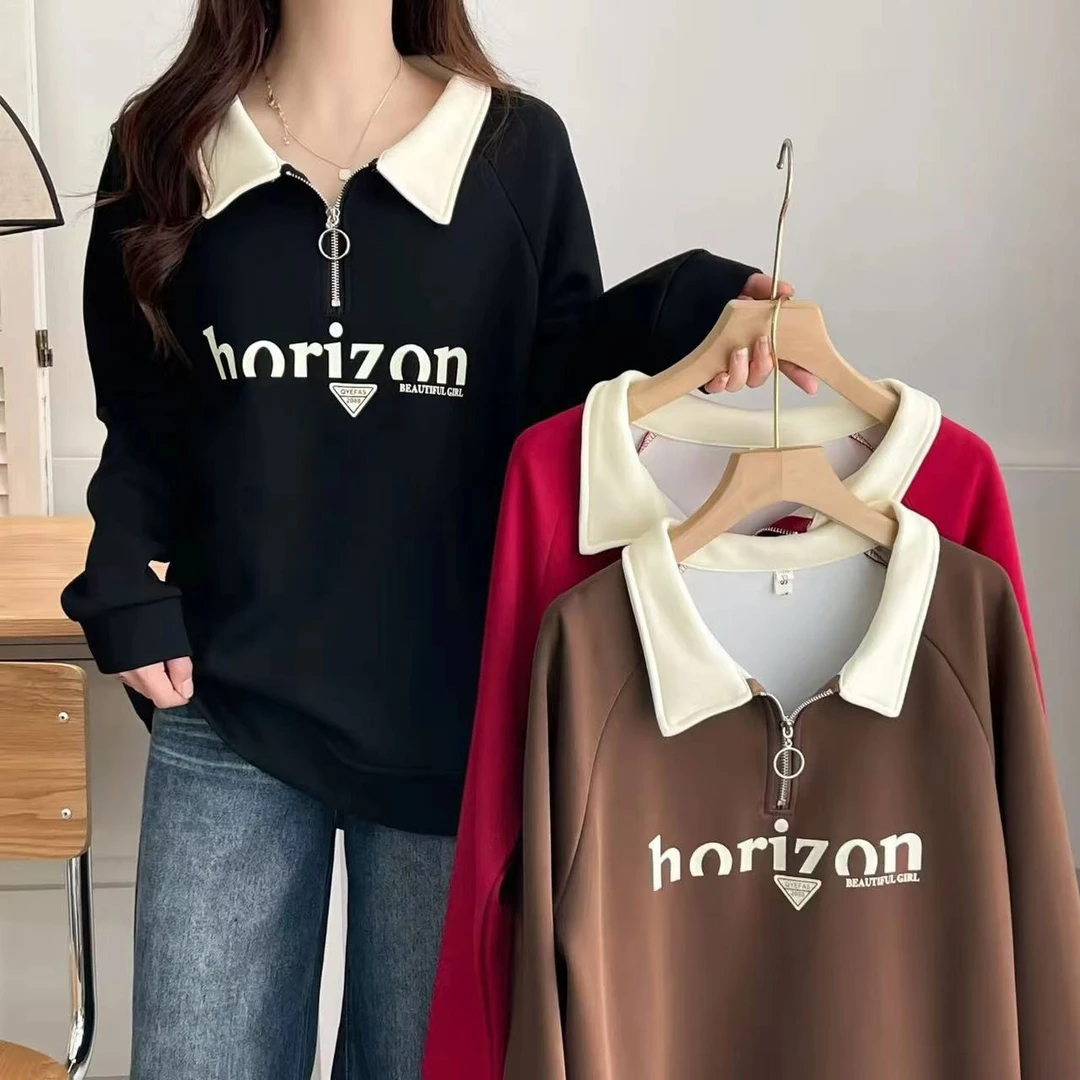 大码翻领半拉链印花字母休闲遮肉卫衣2387（100-200斤）