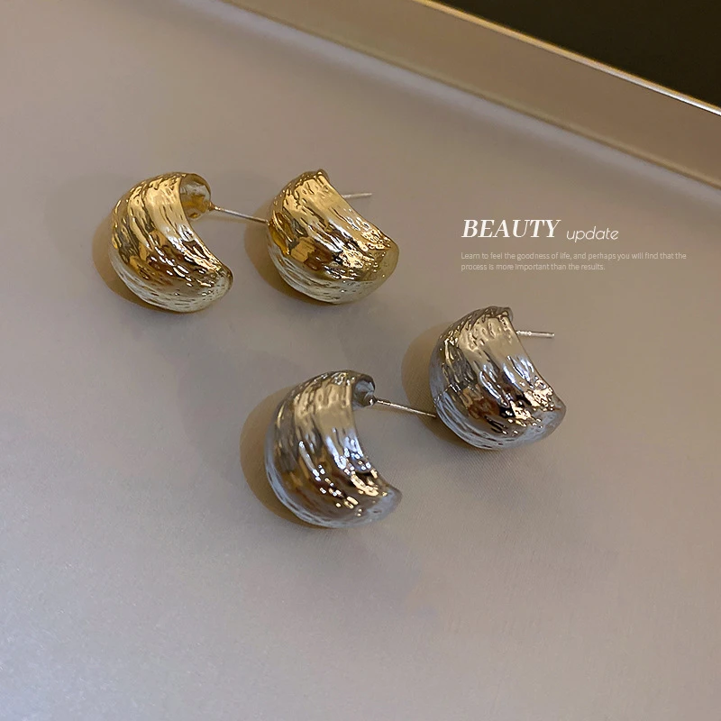 S925银针几何C形褶皱豆豆弧形耳钉ins小众耳环韩国个性