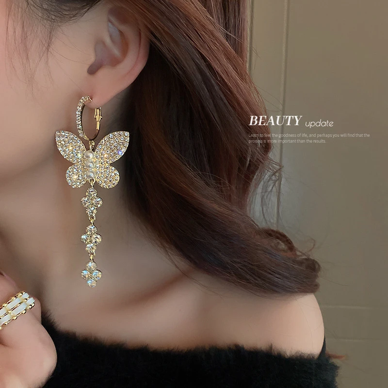 银针欧美蝴蝶超仙灵动耳环时尚长款流苏花朵耳坠夸张耳饰