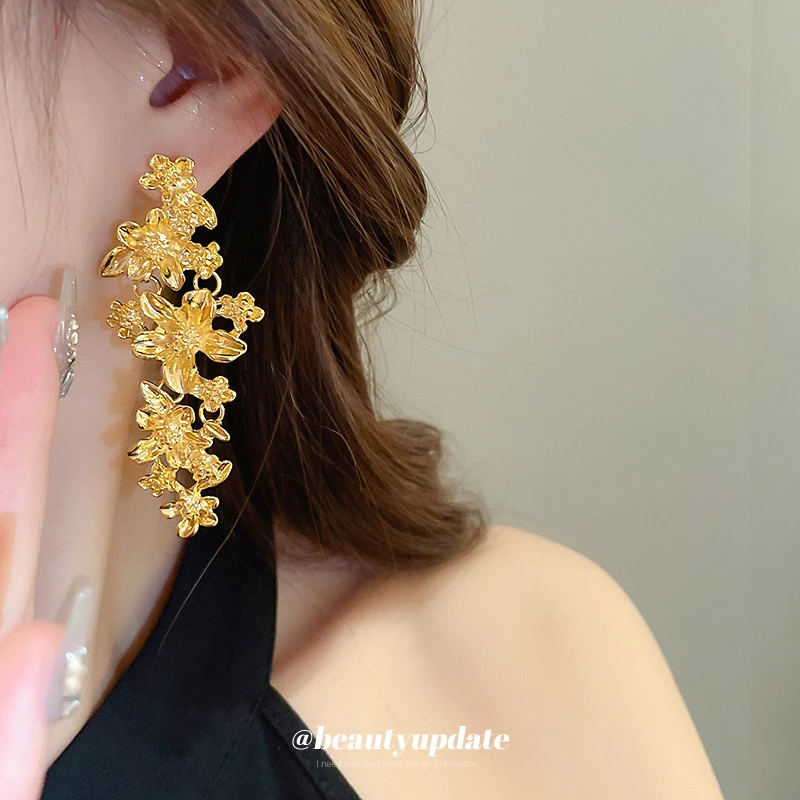 铜合金耳饰 银针欧美花朵流苏耳环时尚气质耳钉女复古小众设计耳