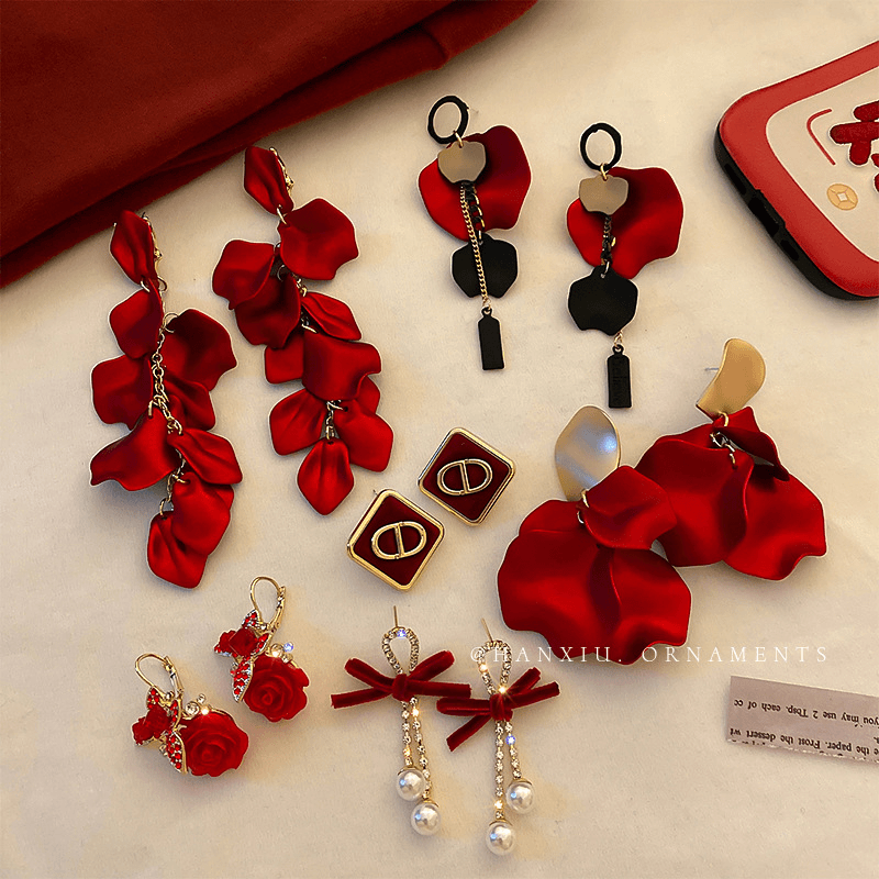 新年复古红色系玫瑰花瓣耳环中国风喜庆春节耳钉时尚气质网红耳饰