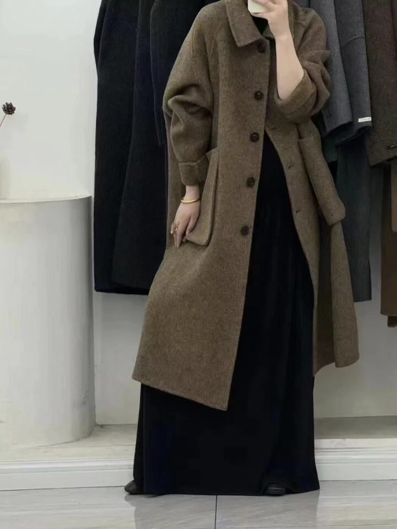 正品欧版立体3D大口袋绵羊毛大衣女长款定制气质时尚百搭女士长款