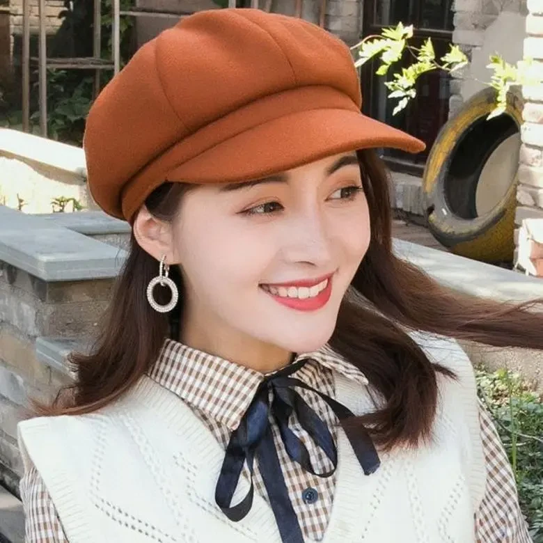 新款纯色英伦毛呢八角帽女秋冬韩版百搭画家贝雷帽日系蓓蕾报童帽