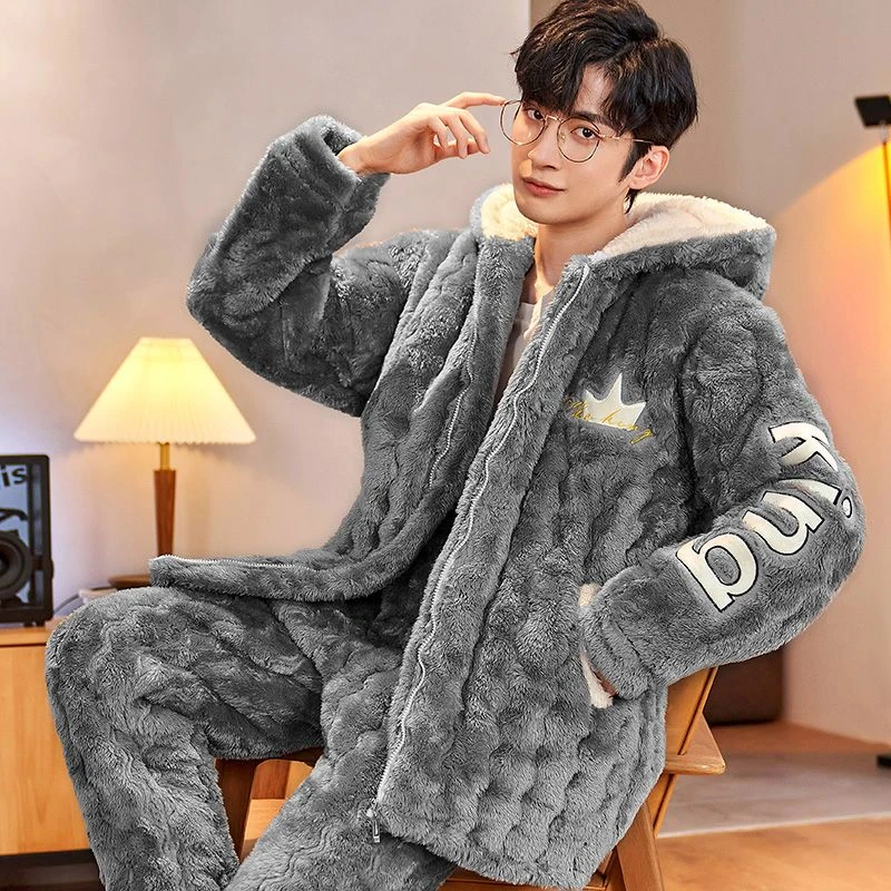 男士睡衣珊瑚绒三层夹棉秋冬季冬天款保暖加绒加厚棉袄家居服套装