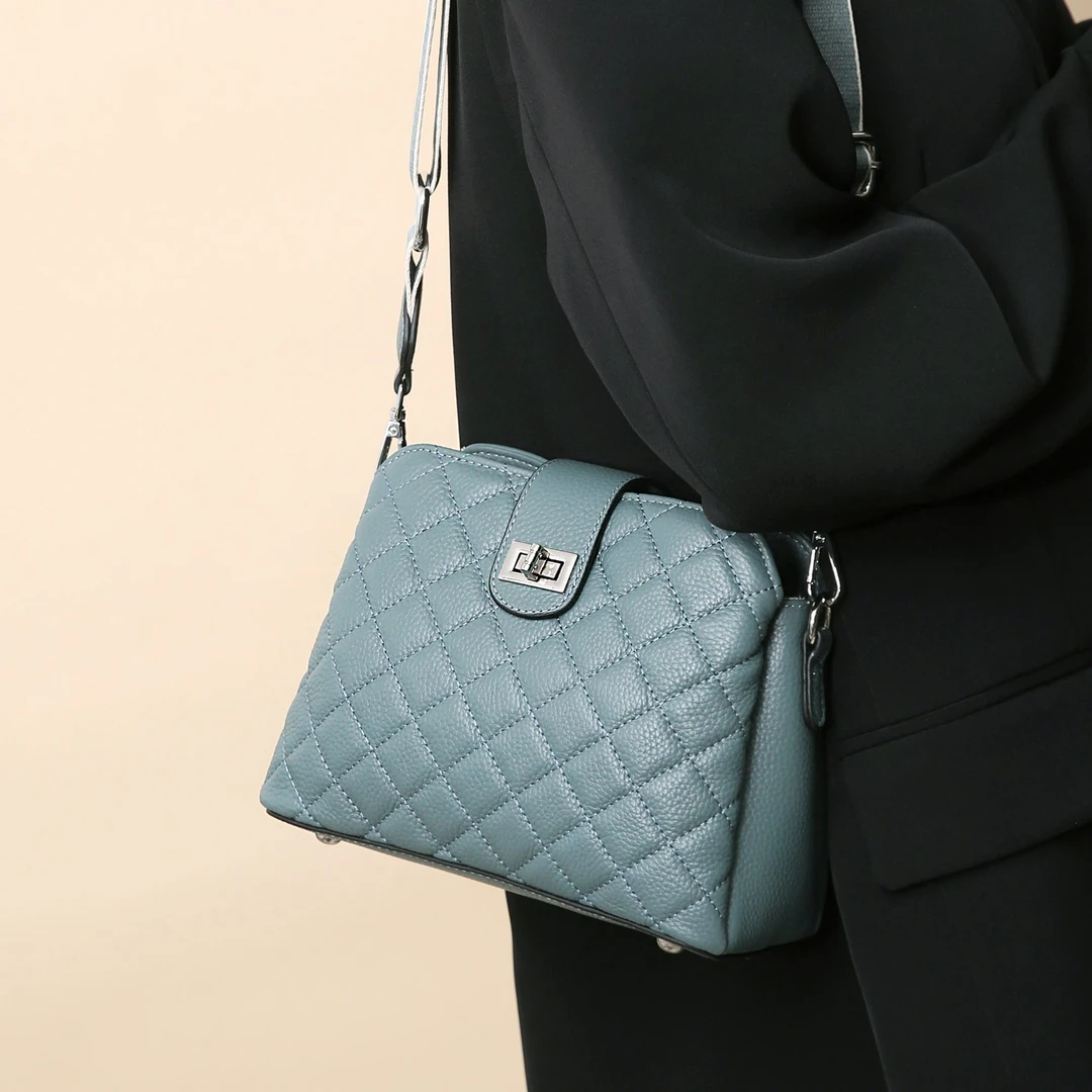 2025新款妈妈包大容量菱格绣线真皮单肩包双肩带斜挎包7157