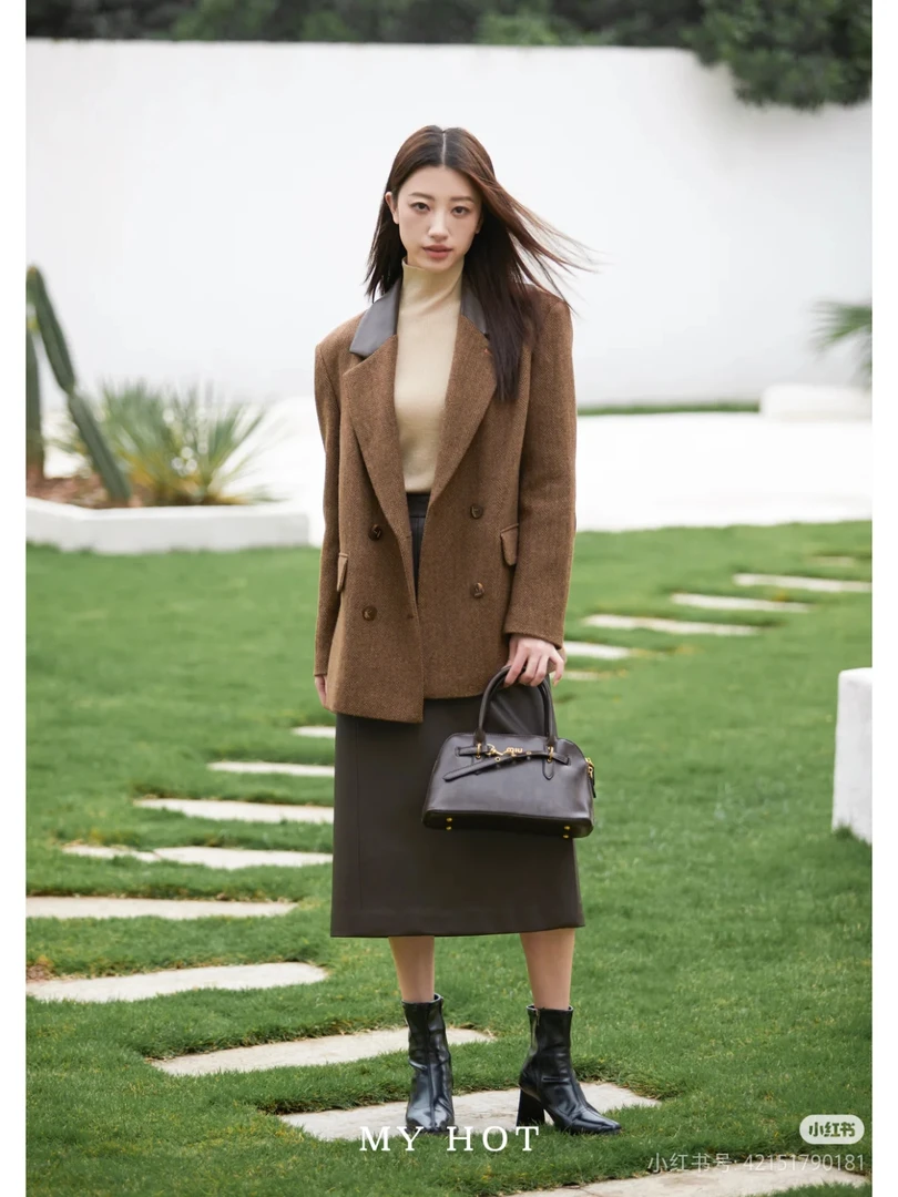 H423313077羊毛西装外套女通勤风极简显瘦气质百搭