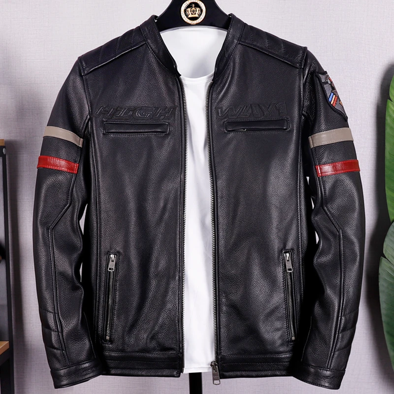 潮流时尚立领皮夹克头层牛皮真皮皮衣男士短款修身机车休闲皮外套