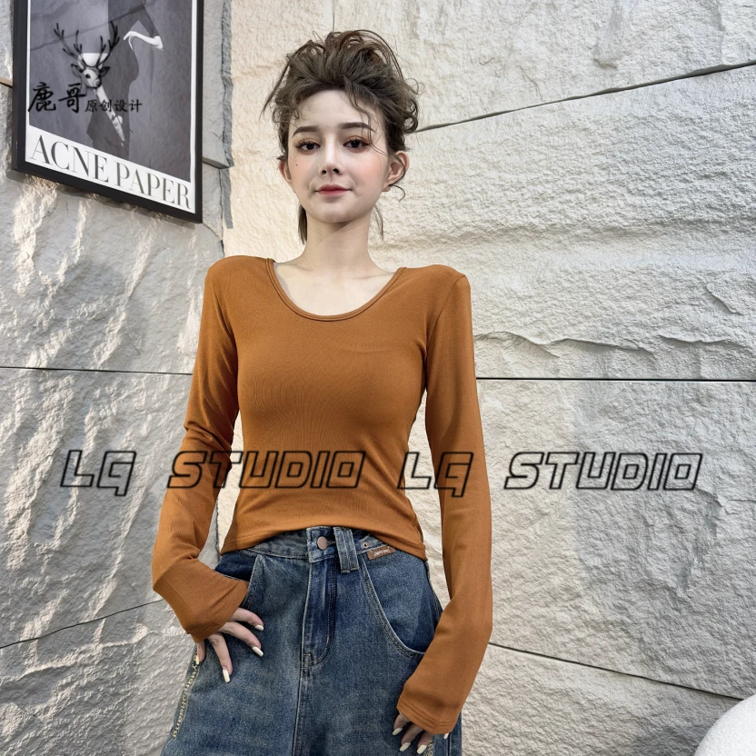 设计感上衣/打底/春季新款韩版修身长袖有垫肩显瘦百搭上衣