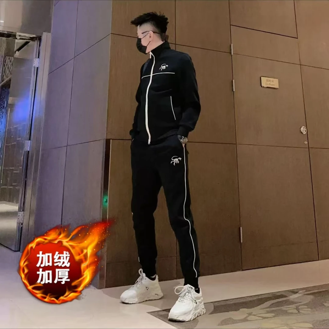 欧货高品质立领休闲运动套装男秋冬时尚百搭开衫外套束脚裤一整套