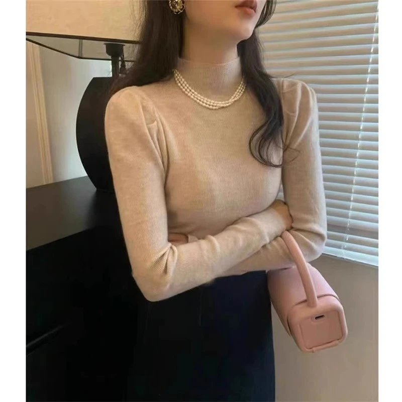 2023秋冬装新款纯色上衣半高领针织毛衣女秋季弹力长袖内搭打底衫