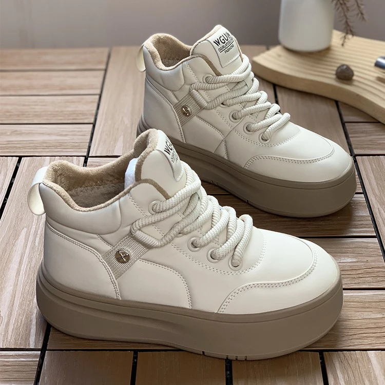 高帮女鞋2023新款秋冬季百搭加绒保暖棉鞋厚底休闲运动软皮板鞋女