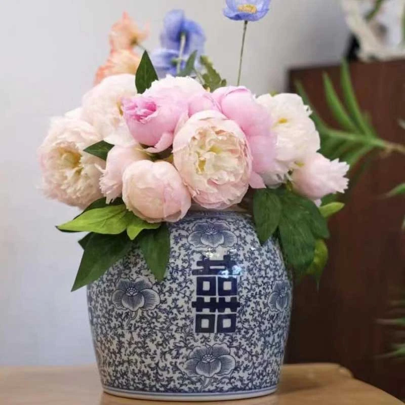 景德镇青花瓷喜字罐陶瓷花瓶中式客厅桌面仿古插花瓶别墅装饰摆设