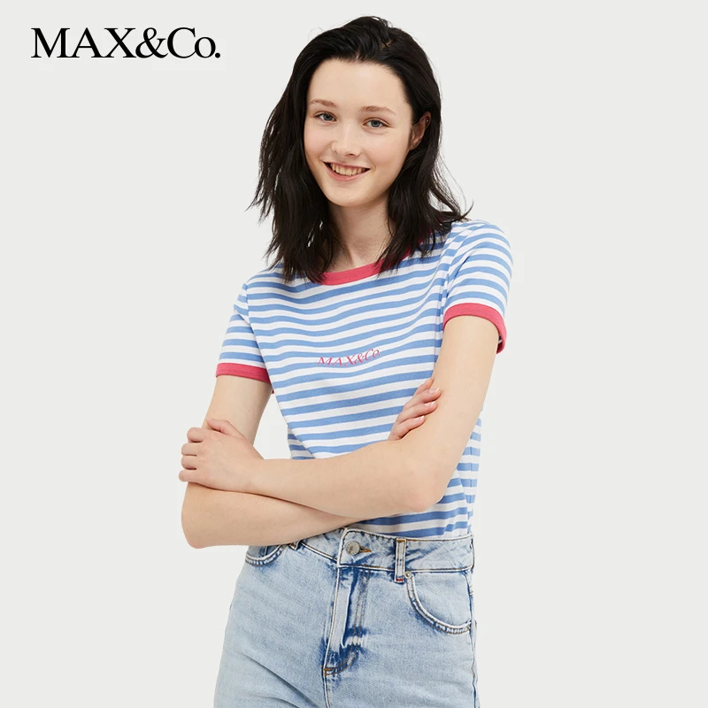MAX&Co.2024春夏新款印花圆领上衣短袖条纹T恤6971024302maxco