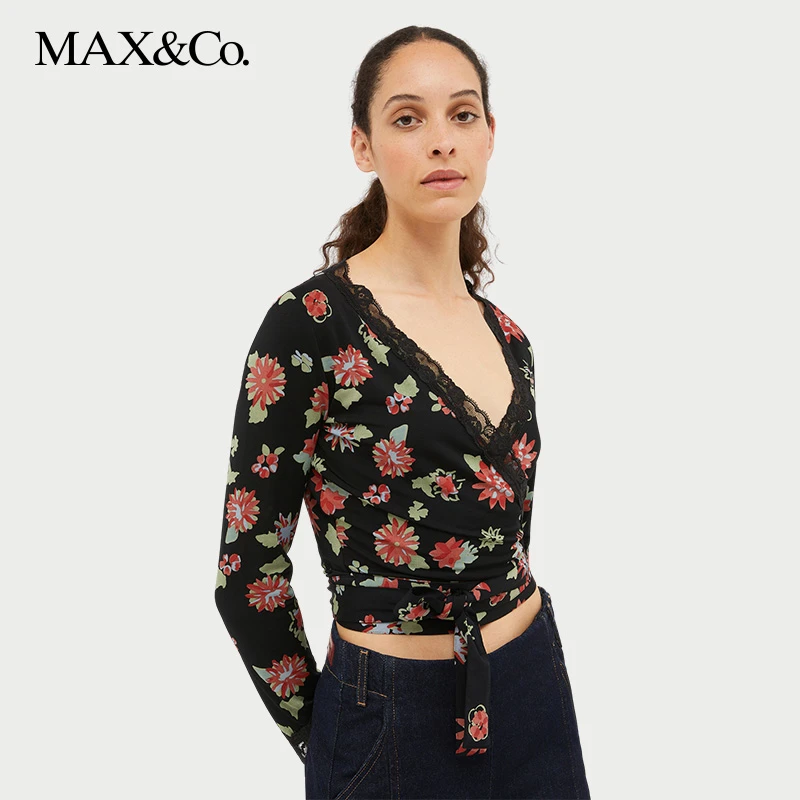 MAX&Co.2024春夏新款女装蕾丝边花卉印花上衣6951024202maxco