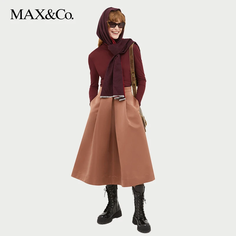 MAX&Co.2024春夏新款女装纯色百褶半身裙6101054102maxco