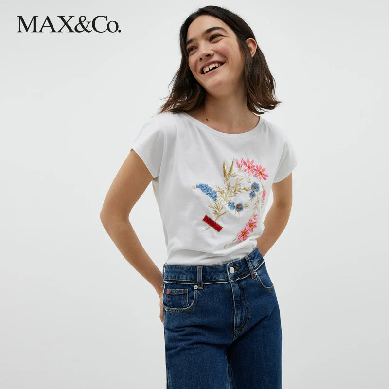 MAX&Co.夏季新款时尚圆领花朵刺绣T恤短袖休闲印花上衣女maxco