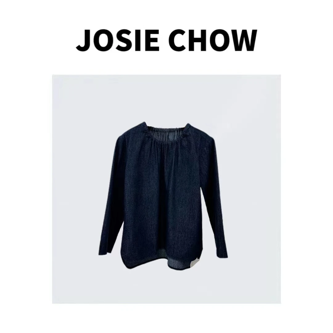 JOSIE CHOW【深蓝】春夏宽松抽褶圆领长袖牛仔上衣。JC061218