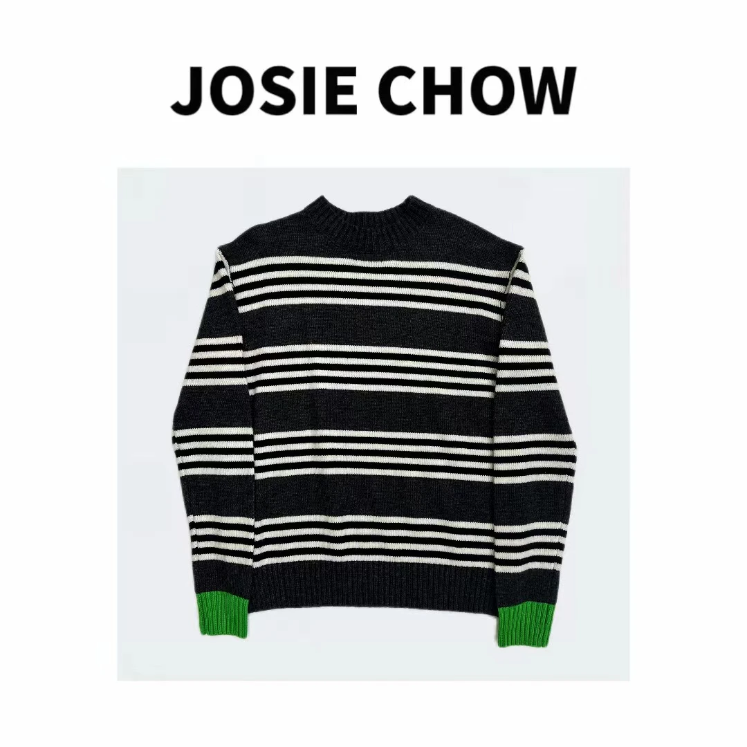 JOSIE CHOW【条纹拼绿】秋冬新款设计师款羊毛针织衫。JC612010