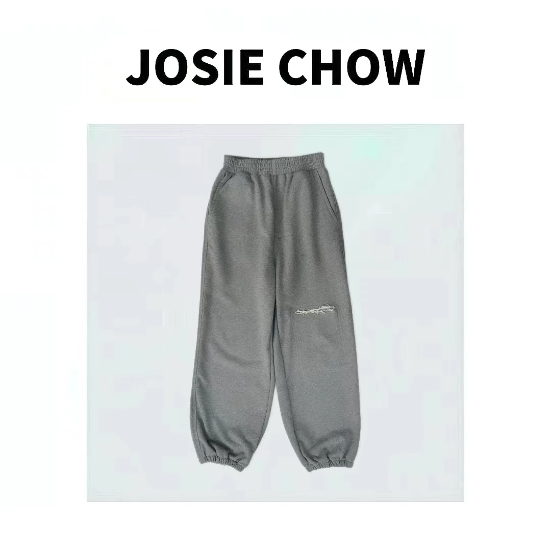 JOSIE CHOW【拉链破洞】秋冬松紧腰加绒收口卫裤。JC051221