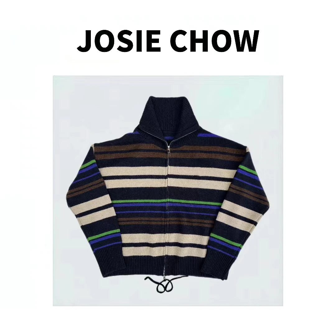 JOSIE CHOW【北极】德国机织9针平纹拼色条纹拉链开衫。RL782183