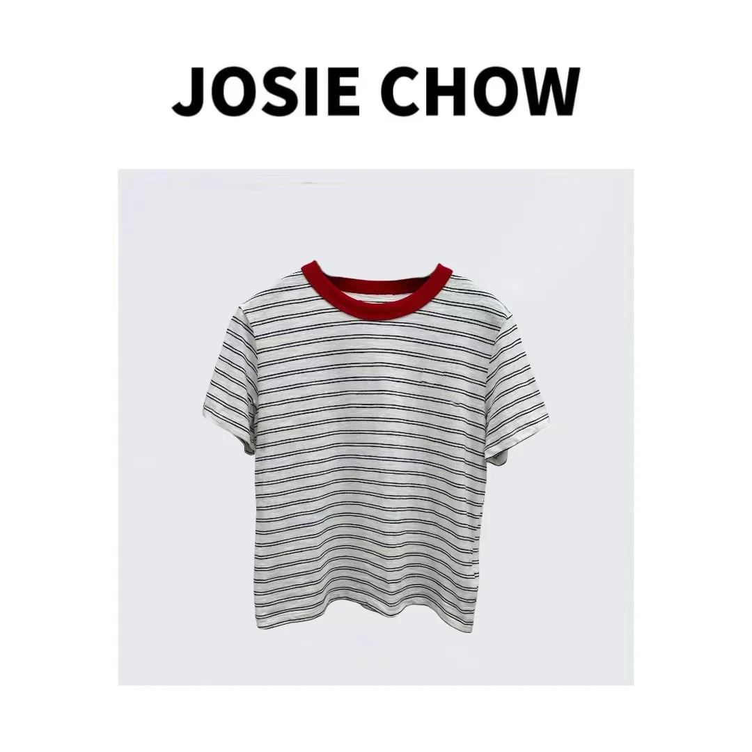 JOSIE CHOW【红领条纹】女士春夏新款短袖圆领T恤。JC880218