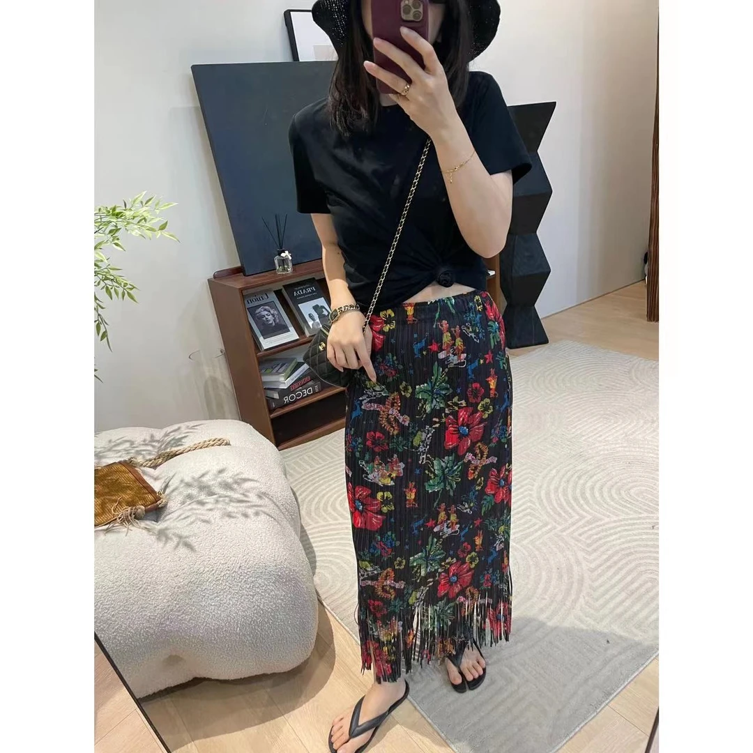 Im061183。JOSIE CHOW【日本j口40D原纱】百褶流苏印花半身裙。