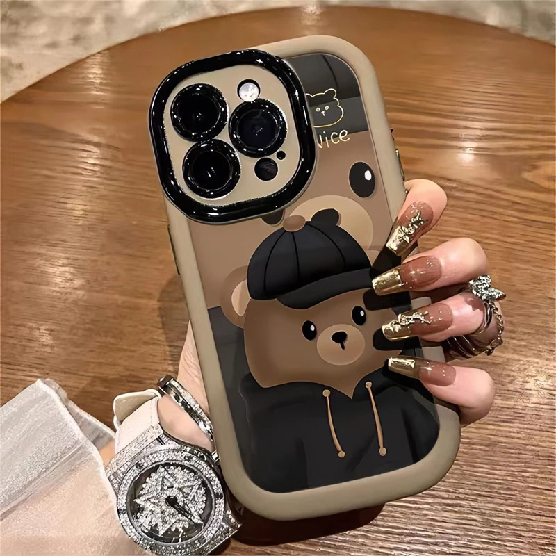 黑衣棕熊适用iphone13/14手机壳苹果15pro/12/11华为oppo小米vivo